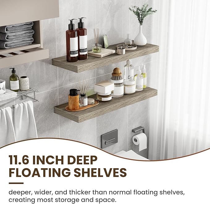 Acovy 36 Inch Floating Shelves, 12 Inch Deep Floating Shelves for Wall, Floating Shelf with Invisible Brackets, Deep Shelves for Bathroom, Bedroom, Living Room, 2 Pack, Vintage Gray Oak