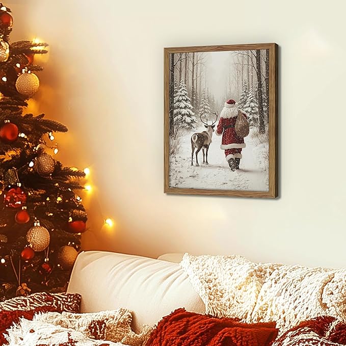 Framed Christmas Pictures Wall Decor, Santa Reindeer Winter Wall Art, Rustic Canvas Christmas Print, Winter Holidays Decor, Vintage Christmas Decorations Painting for Bedroom Living Room – 12x16in