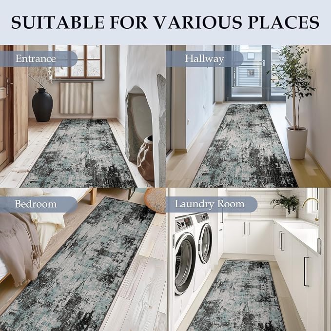 RELEANY Washable Area Rugs 2'x8' Non-Slip Modern Abstract Soft for Living Room Entryway Bedroom Nursery, Print Pattern, Blue Black Teal