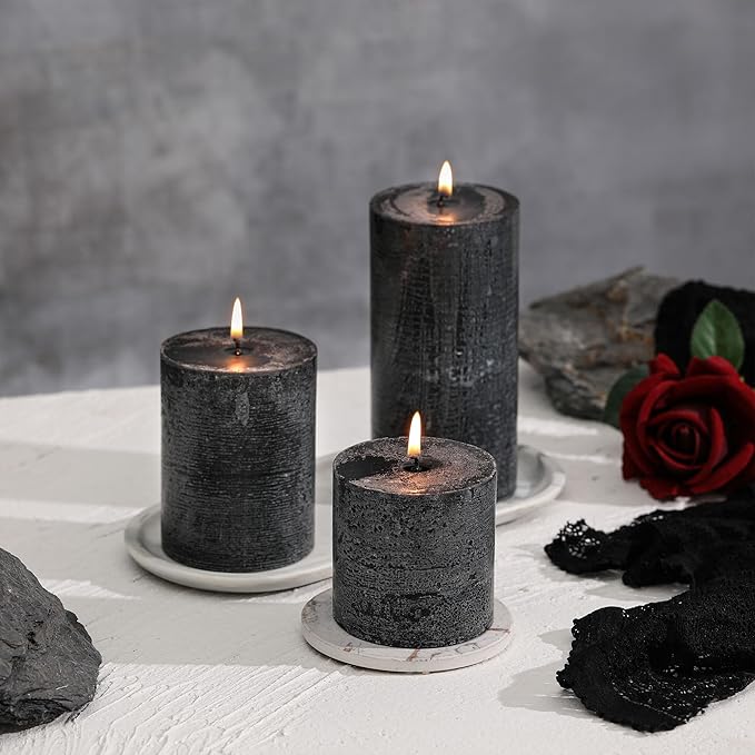 3x6 Inch Black Pillar Candles Set of 3 - Hand-Poured Unscented Candles, Long Clean Burning, Large Big Candle, Smokeless Dripless Candle for Dinner Table, Wedding, Home, Bathroom, Gothic Decor