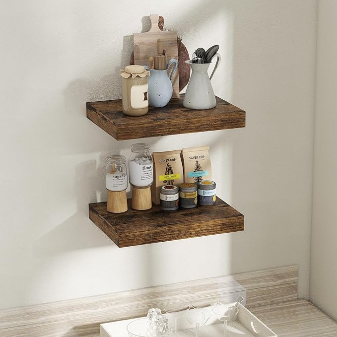 Fun Memories Floating Shelves for Wall, 12 x 16 Floating Shelf for Books, Rustic Wood Deep Storage Wall Shelf with Invisible Bracket - 16" Rustic Brown Shelves for Living Room & Bedroom, Set of 2