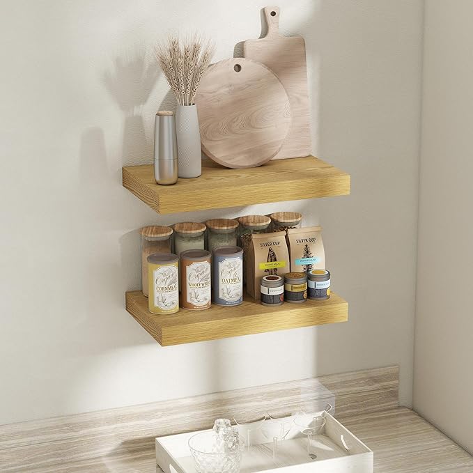 12 Inch Deep Floating Shelves for Wall, 20 x 12 Rustic Wood Grain Bathroom Shelves with Invisible Brackets, Easy Install Wood Storage Shelves for Kitchen, Living Room, Bedroom, Oak, Set of 2