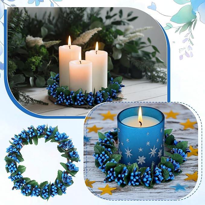 Daifunli 2 Pcs Williamsburg Blue Candle Rings Wreath Blue Pip Berry Ring Wreath for Pillar 3.9 Inch Candles Holder for Holiday Table Centerpiece Wedding Kitchen Cabinets Rustic Table Decor