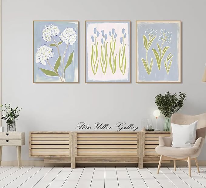 3Pcs Blue Green Tulip Hydrangea Flower Wall Art Flowers Plant Aesthetics Painting Picture Decor Elegant Preppy Poster Print Artwork for Living Room Gallery Bedroom Dorm Home Decoration