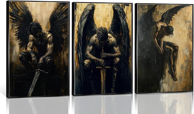 FJKLRP Gothic Dark Angel Wall Art Mural Set 3pcs Black-Winged Male Warrior Canvas Wall Decor Abstract Dark Preppy Style Poster Suitable for Living Room Bedroom and Office Unframed
