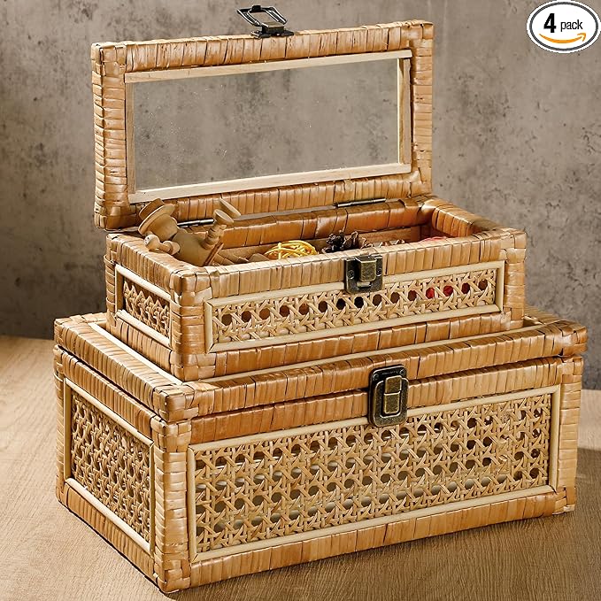 Set of 2 Boho Rattan Decorative Box with Glass Lid Rectangular Woven Cane Stacking Boxes for Display Rustic Farmhouse Storage Basket Bins for Home Decoration