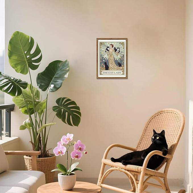 Framed Black Cat Wall Art, Vintage The Cat Lady Tarot Canvas Wall Decor Paintings, Funny Cute Woman Animal Poster Prints Picture Artwork for Bedroom Living Room 12x16 Inch