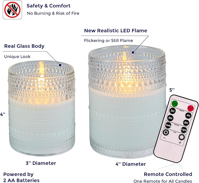 VENTA Realistic Glow Flameless Candles | Decorative Set of 2 in White Dotted Glass with Remote & Timer | Decorative Table Lamp