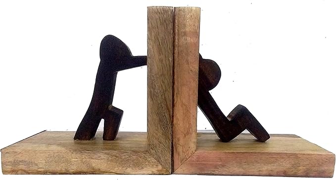 Purpledip Wooden Bookends Stand Holder Bookshelf Organizer 'Teamwork': Unique Decor Gift for Book Lovers (11963)