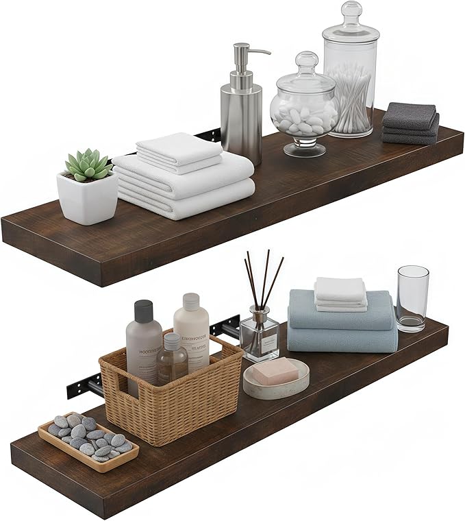 Lufia Floating Wall Shelves, Set of 2, MDF with Invisible Brackets, Modern Storage for Bedroom, Bathroom, Living Room, Kitchen (Rustic Brown, 24" W x 7" D x 1.5" H)