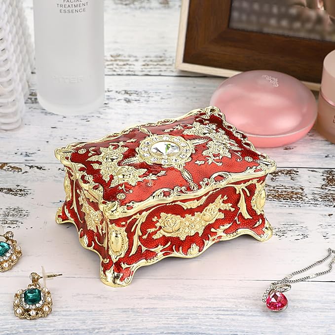 Hipiwe Vintage Jewelry Box, Small Enameled Trinket Box Organizer Rectangular Treasure Chest Box Jewelry Decorative box Keepsake Gift Box Case for Women,3.7x 2.7x 2 inch