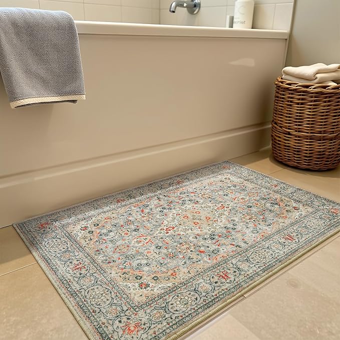Goideal Washable Entry Rug 2x3, Beige Small Area Rugs Non Slip, Indoor Low Pile Carpet with Rubber Backing for Bathroom Kitchen Entryway Office