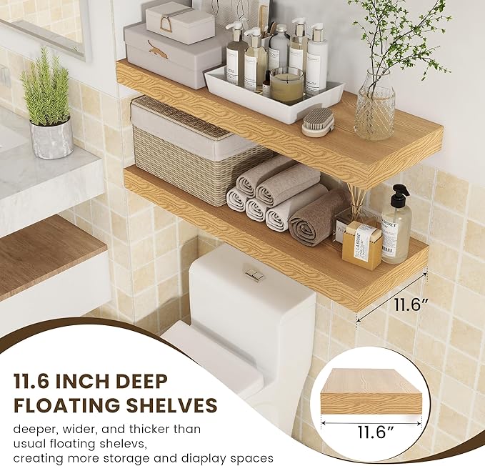 FLYJOE Deep Floating Shelves | 36 Inch Oak Floating Shelves Set of 2 | 12 Inch Deep Rustic Wood Shelves for Wall | 36" W x 12" D Oak Shelves for Living Room Bathroom Laundry Room Kitchen