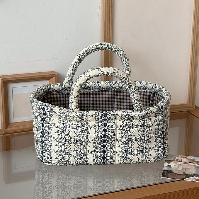 Small Floral Storage Bins with Cotton Handles – Collapsible Boho Fabric Storage Basket for Drawers, Shelves & Desktop