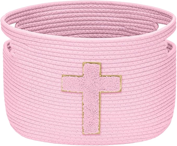 Sliner Baptisms Gifts Basket with Handles, Baptisms Cross Design Cotton Rope Basket Gifts Stuffers Storage for Christenings First Communions Religious Occasions, 15 x 10 x 9 Inch(Pink)