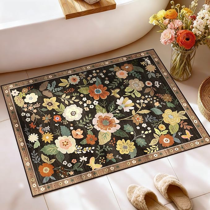 RELEANY Floral Nursery 2x3 Area Rugs Washable Print Boho Cute Carpet Non Slip Flower Low Pile for Living Room Kids Girls Playroom Bedroom Kitchen Office Farmhouse-Black/Yellow/Red
