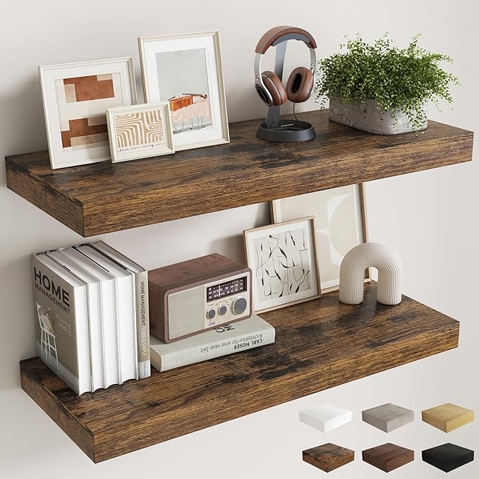 Fun Memories 36 Inch Brown Floating Shelves for Wall, 12 Inch Deep Shelves for Bathroom|Kitchen|Bedroom, Wall Mounted Rustic Wood Floating Shelf with Invisible Brackets for Books|Storage|Decor, 2 Pack