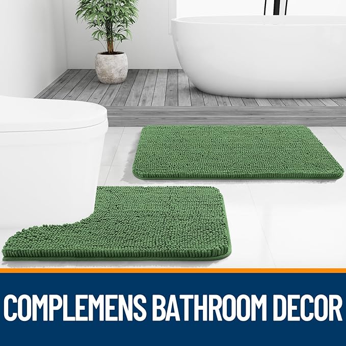 OLANLY Toilet Rugs U-Shaped 24x24, Extra Soft Absorbent Chenille Contour Bathroom Rugs for Toilet, Dry Quickly, Machine Washable, Non-Slip Bath Mat, Olive Green