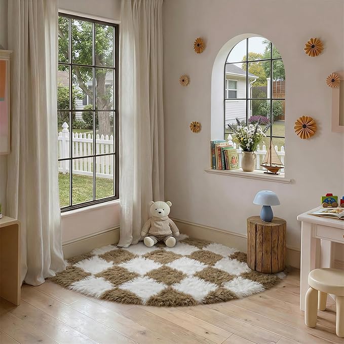 PureCozy Checkered Rug 6ft Radius Corner for Playroom, Beige and White Modern Shag Super Soft Washable Fluffy Rugs Indoor Fuzzy Carpet for Bedroom Home Dorm Aesthetic Decor