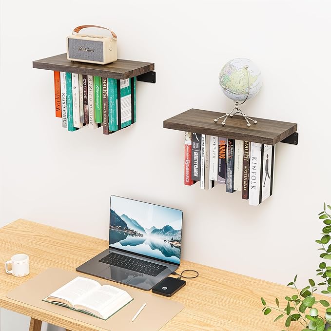 NANATI 2 Set of Floating Bookshelf with Super Load-Bear Shelf Brackets, Paulownia Wood Invisible Bookshelf, Hanging Bookshelves for Wall, Unique Space Saving Wall Bookcase