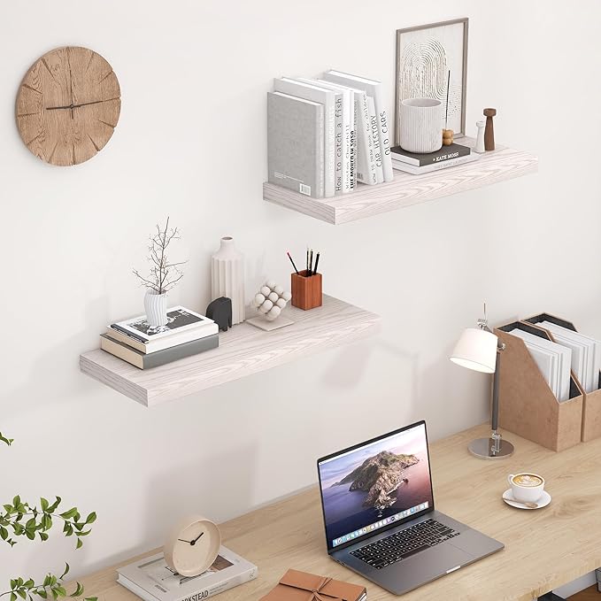 Fun Memories Floating Shelves 24 Inch Long, 9.3 Inch Deep Floating Shelf for Lving Room, Bedoom, Kitchen, Deep Wall Shelves for Bathroom, 2 Pack Storage Display Shelf for Books, Decors, Brich