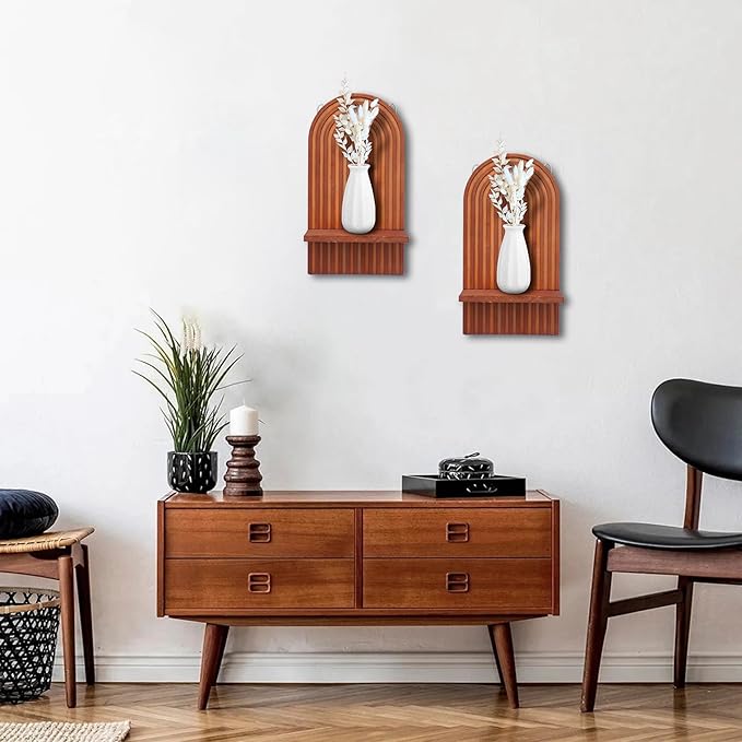 2 Pieces Boho Wall Shelf, Mid Century Shelves, Decorative Storage Unit, Decorative Bohemian Rainbow Hanging Shelves for Bathroom, Bedroom, Kitchen, Living Room, Laundry Room (Brick-Red)