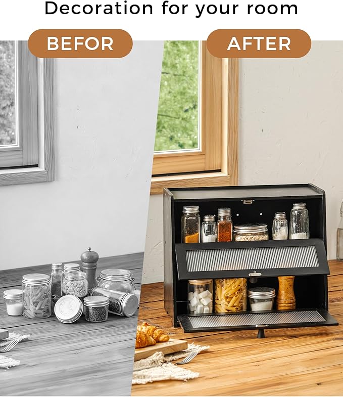 Bamboo Bread Box 2 Tiered for Kitchen Counter-Large Capacity Wood Bread Basket Storage Container Bread Box with Window Bread Holder with Shelf Vitamin Bottle Storage (black)