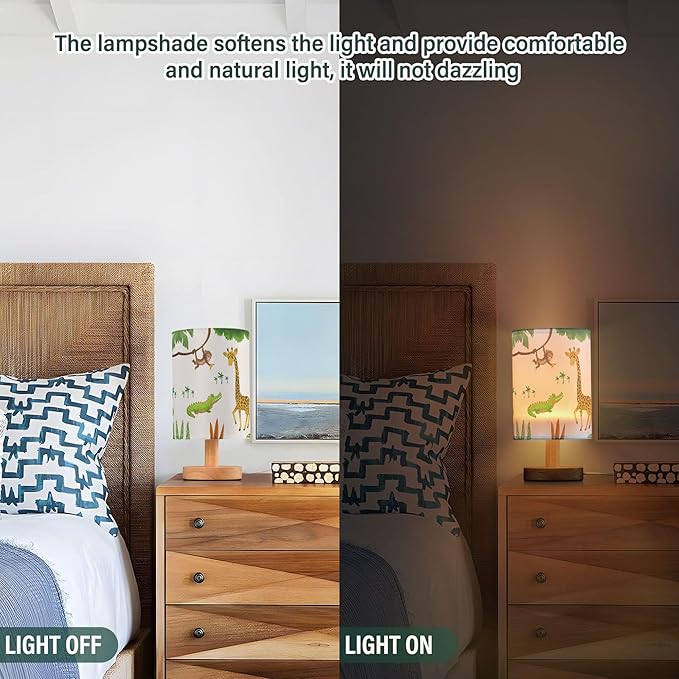 Table Lamp African Animal Giraffe Crocodile Monkey Palm Tree Jungle Leaf Nightstand Lamp with Wood Base Fabric Lamp Shade Bedside Desk Lamp for Living Room Bedroom Kids Room Office