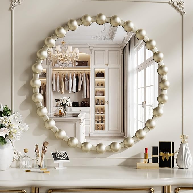 Round Vanity Wall Mirror, 24 Inch Beaded Frame Circle Mirror for Bathroom, Bedroom Dresser, Entryway, Living Room, Decorative Hanging Wall Mirror, Silver