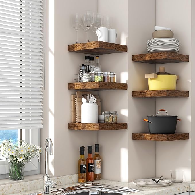 Square Floating Shelves for Wall 12"W x 12"D x 1.4"H, Small Engineered Wood Wall Shelves with Invisible Brackets for Living Room Bedroom Bathroom Office Kitchen Storage Decor, Rustic Brown, Set of 3