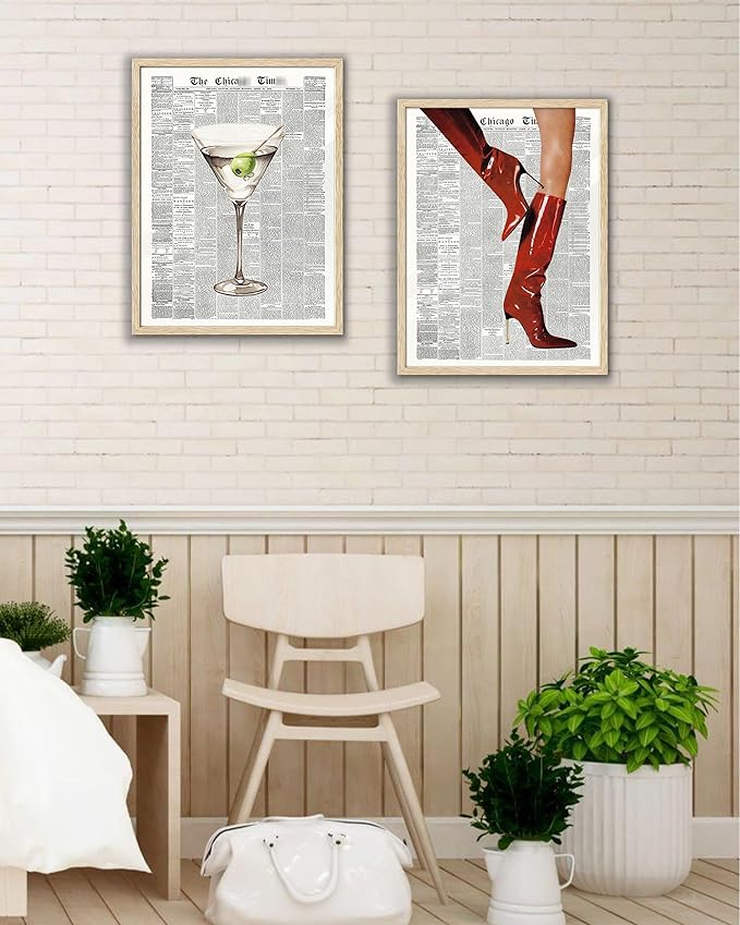 EcoHest Small Trendy Newspaper Red Boots Framed Wall Art, 8x10 in OAK Wood Fashion Icon Canvas Wall Art, Magazine Home Decor, Beige Logs Retro Set of 1 for Bedroom Living Room