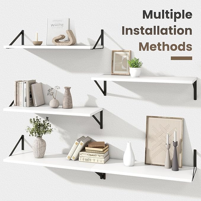 Marsmiles White Floating Shelves for Wall - 30 Inch Wide x 12 Inch Deep Wall Shelves Set of 2 - Wood Floating Shelves for Living Room Bedroom Bathroom