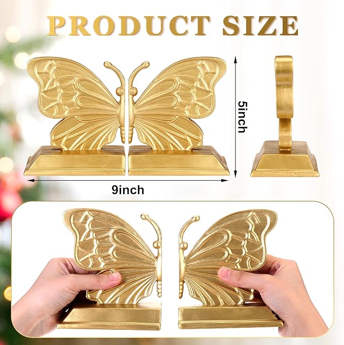 Kathfly Decorative Butterfly Bookends, Vintage Butterfly Book Ends, Resin Gold Bookends for Shelves, Heavy Duty Book Stopper for Desk Home Office, Shelf Decoration
