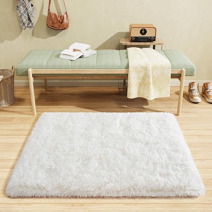 BENRON Cream White Fluffy Rug 2 x 3, Soft and Plush Throw Rugs for Bedroom Entryway Hallway Kitchen, Small Fuzzy Washable Rug for Kids Girls Room Decor Photo Prop