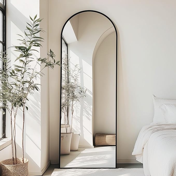OLIXIS Arched Full Length Mirror 71.1"x25.5" for Bedroom, Full Body Mirror with Stand, Hanging or Leaning for Wall, Aluminum Alloy Thin Frame Floor Standing for Living Room, Long, Deep Black