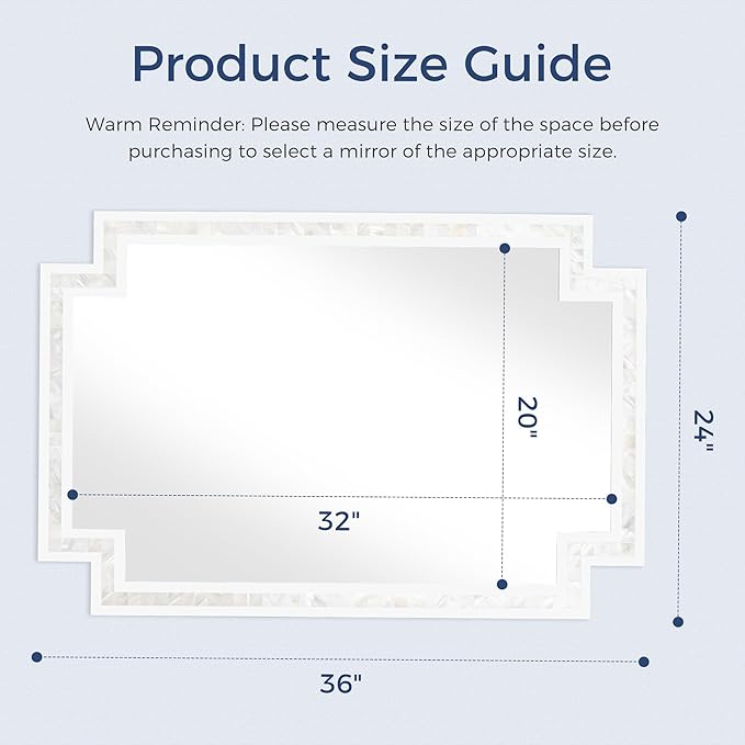 Tanmicoshomy 24 x 36 Inch Rectangle Bathroom Mirrors for Wall, White Shell Framed Decorative Mosaic Mirror for Bedroom, Living Room or Entryway, Wall Mounted Horizontal or Vertical