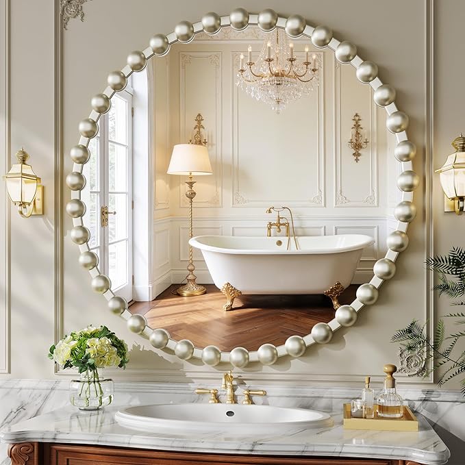 Round Vanity Wall Mirror, 36 Inch Beaded Frame Circle Mirror for Bathroom, Bedroom Dresser, Entryway, Living Room, Decorative Hanging Wall Mirror, Silver
