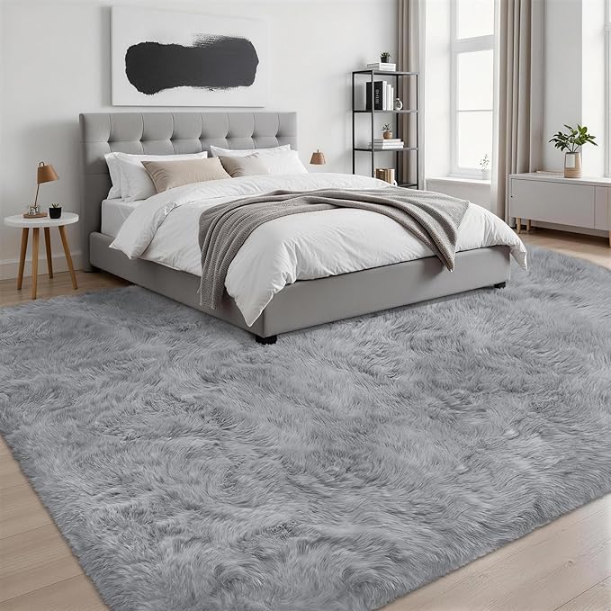 8x10 Area Rugs for Living Room Bedroom: Ultra Soft Fluffy Shag Rug Upgrade Non-Slip Non-Shedding Large Fuzzy Plush Carpet Indoor Floor Carpets for Kids Room Playroom Nursery Dorms Home Light Gray