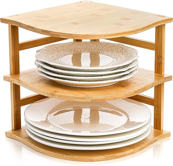 Goaste 3-Tier Bamboo Corner Shelf, Kitchen Countertop Storage Organizer, Cabinet Plate Rack for Pantry Organization, Bathroom, Desktop, 9.5 x 9.5 x 9.5 Inch
