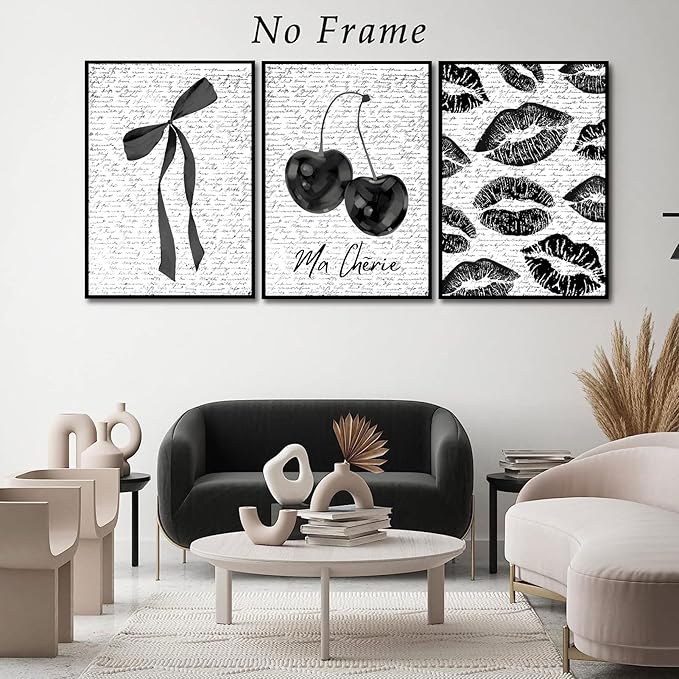 3Pcs Fashion Black White Lips And Cherry Canvas Wall Art Vintage Girl Funky Aesthetic Bow Wall Decor Ma Cherie Dark Coquette Posters Prints for Neutral Preppy Apartment Girl Room12x16in Unframed (poster, 12x16inx3pcs)