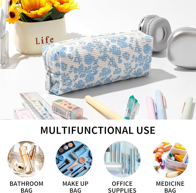 Pencil Case Lightweight Aesthetic Pen Case Office College School Storage Bag Pouch Holder Box Organizer Makeup Pouch Cosmetic Bag for Girls Boys Kids (Flowers-Pink strawberry)