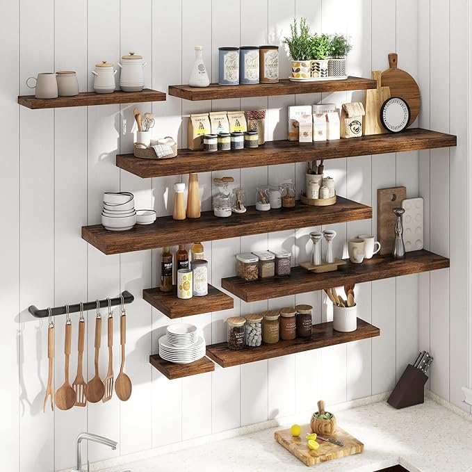 72 Inch Floating Shelves for Wall with Invisible Brackets Set of 2, 12"D Engineered Wood Wall Shelves with Wood Grain for Living Room, Bedroom, Bathroom, Kitchen Decor and Storage, Rustic Brown