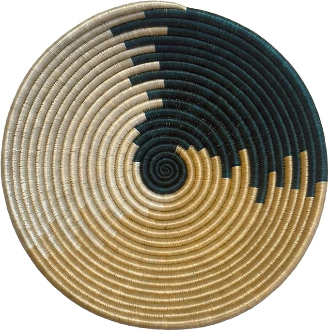 Handwoven African Basket Handmade sisal Fruit Bowl Wall Hanging decorative Baskets for Home Living Room Kitchen Gifts Centerpiece Zen Designs Arts and Crafts (Dark Green Natural, 12in diameter)