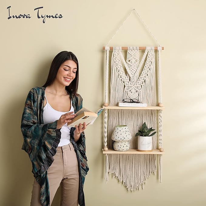 Macrame Wall Hanging Shelf - Boho Shelves Bedroom Decor | Macrame Wall Decor for Kitchen, Plant Hanger Shelves, Woven Rope Floating Shelves & Home Storage Organizer - 2 Tier