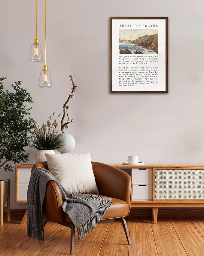 EcoHest Walnut Color OAK Wood Jesus Framed Wall Art, 12x16in Serenity Prayer Bible Verse Christian Wall Art, Modern Bedroom Religious Decor For Living Room Bathroom Christian Merch Gift 1Pack