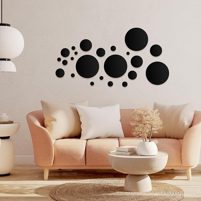 Shappy 32 Pcs Acrylic Mirror Wall Stickers Removable Round Wall Decal Circle Mirror Tiles for Home Bathroom Living Room Bedroom TV Background Decor (Black, Small Size)