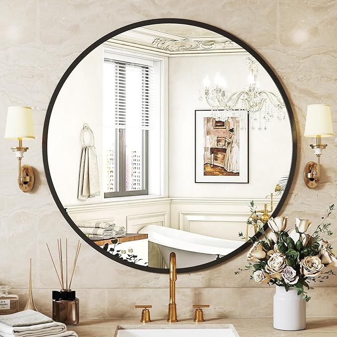 Sweetcrispy 28in Black Round Bathroom Mirrors for Wall, Bathroom Mirrors for Over Sink, Wall Decor for Bathroom, Entryway, Bedroom, Vanity