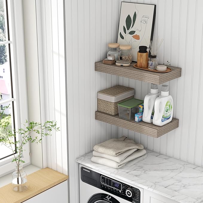 FLYJOE Deep Floating Shelves | 24 Inch Grey Floating Shelves Set of 2 | 12 Inch Deep Rustic Wood Shelves for Wall | 24" W x 12" D Grey Shelves for Living Room Bathroom Laundry Room Kitchen