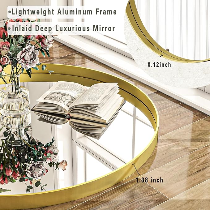 30 inch Round Bathroom Mirror, Gold Metal Deep Frame Wall Mounted Circle Mirror for Wall Decor, Living Room, Vanity, Entryway, Hanging or Leaning