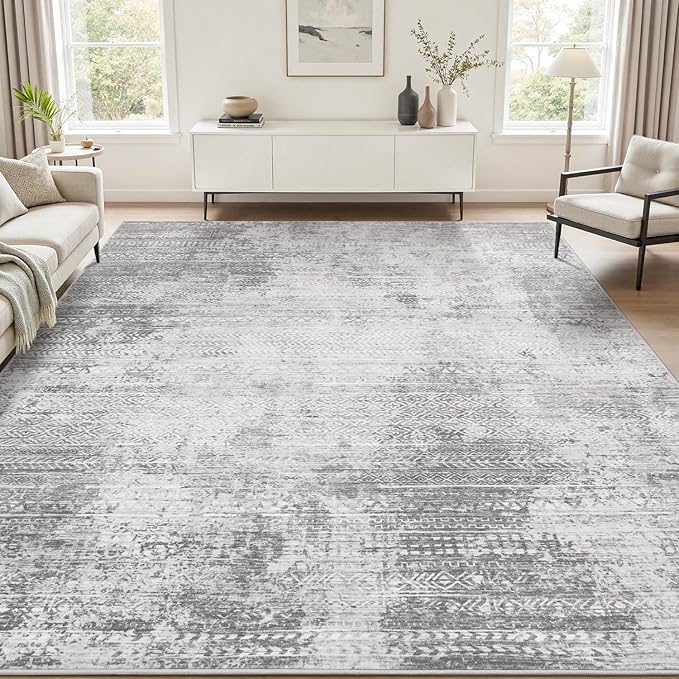 8x10 Area Rugs for Living Room Non Slip Machine Washable Rug Distressed Abstract Soft Indoor Carpet Neutral Boho Rug for Bedroom Dining Room Playroom Office, Grey